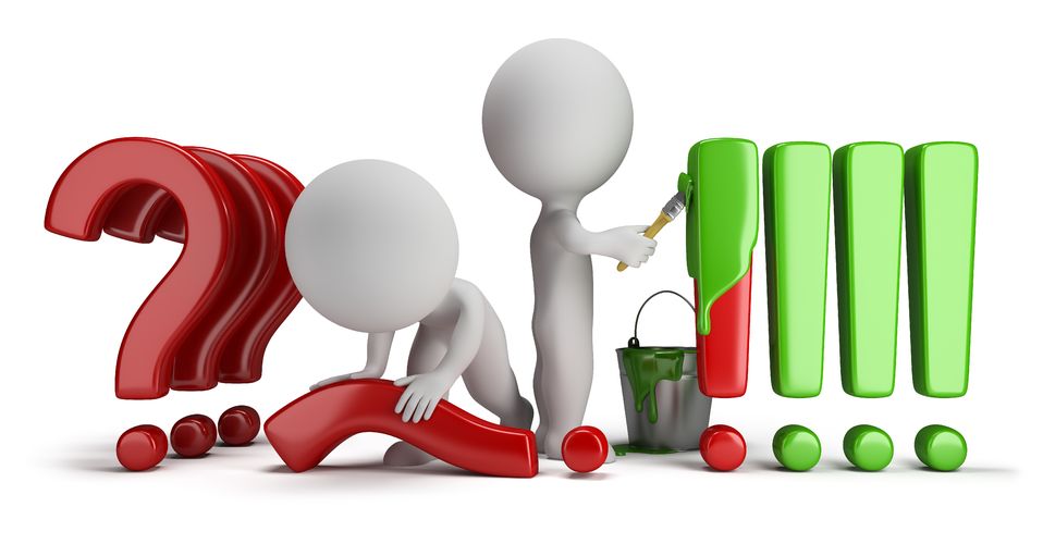 Funny Image of two mans, one is bending red question marks to Exclamation marks. The other one is painting them green. Funny Image of two mans, one is bending red question marks to Exclamation marks. The other one is painting them green.
