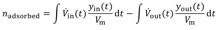 Equation2: Adsorbed Amount is the integrated (ingoing Flow rate over molar Volume times the incoming Volume Fraction) time minus (the integrated outgoing volume fraction over time times the outgoing flow rate over the molar volume)