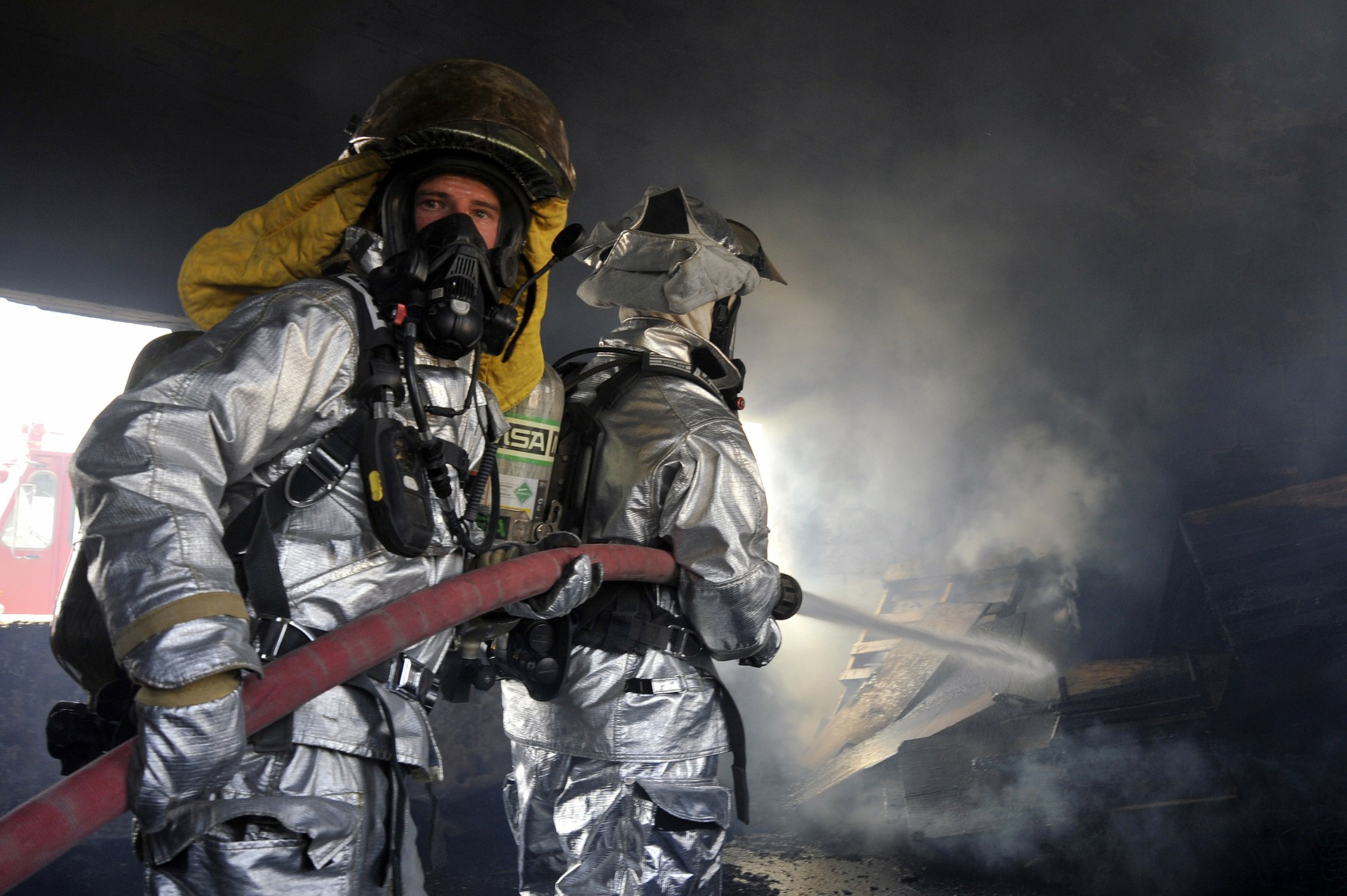 A firefighter with a gas mask